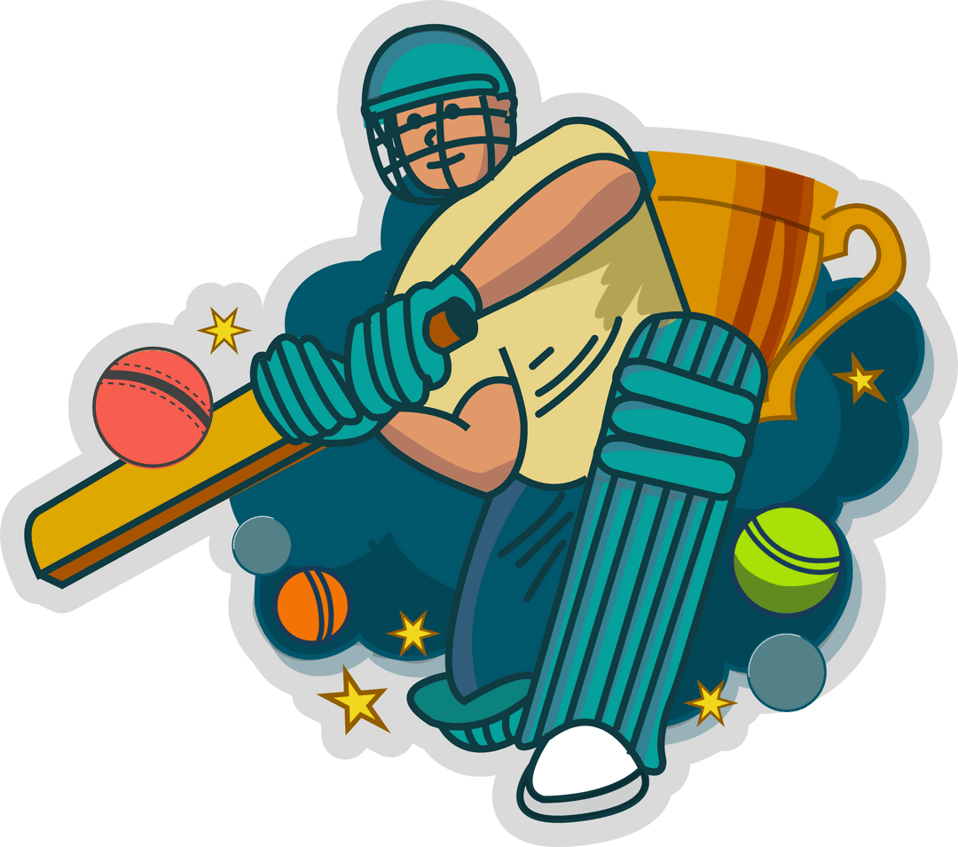 Cricket Batsman Sticker Art on Transparent Background with Trophy