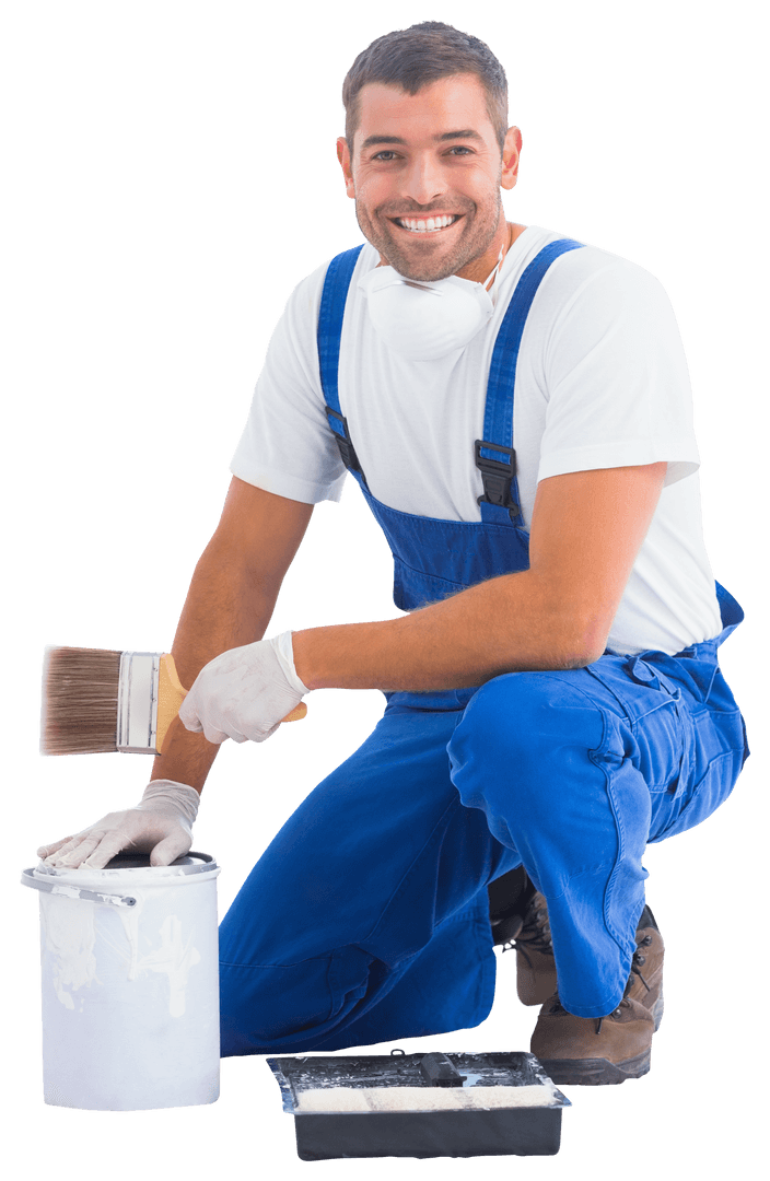 Smiling Handyman in Overalls with Paint Can and Brush on Transparent Background