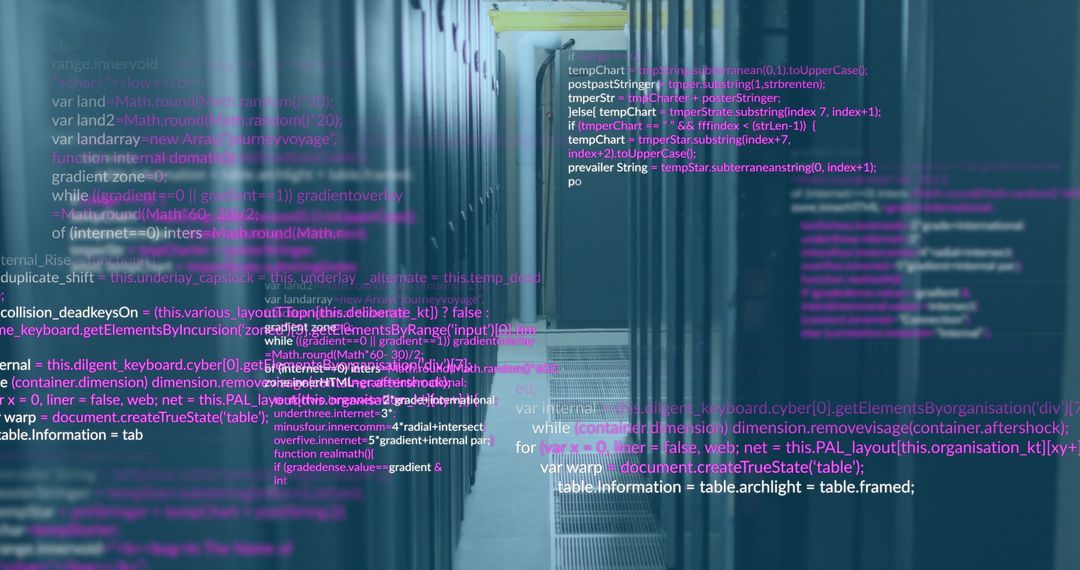 Computer Code Overlays on Data Server Racks in High-Tech Data Center