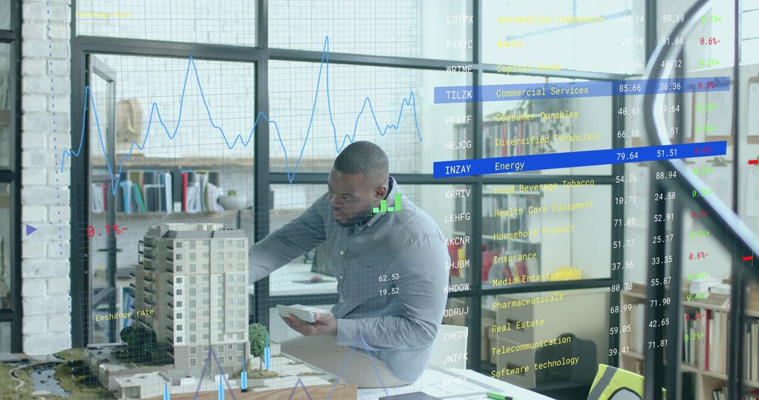 Architect Analyzing Building Model with Digital Data Overlay