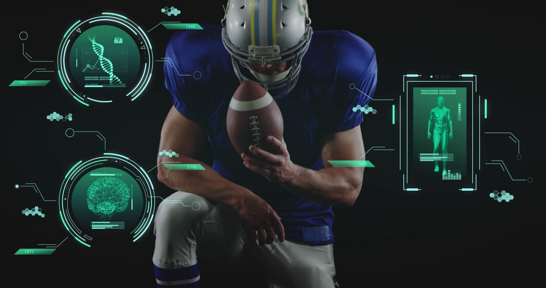 Caucasian Football Player with Futuristic Data Interface Graphics