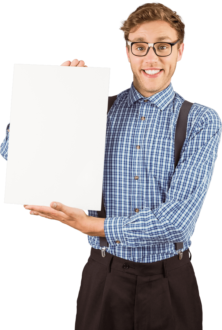 Transparent Hipster Smiling While Holding Blank Sign