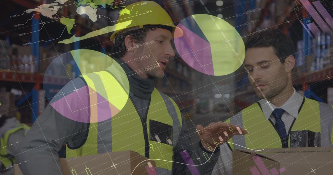 Warehouse Team Discussing Logistics with Overlay Statistical Graphics