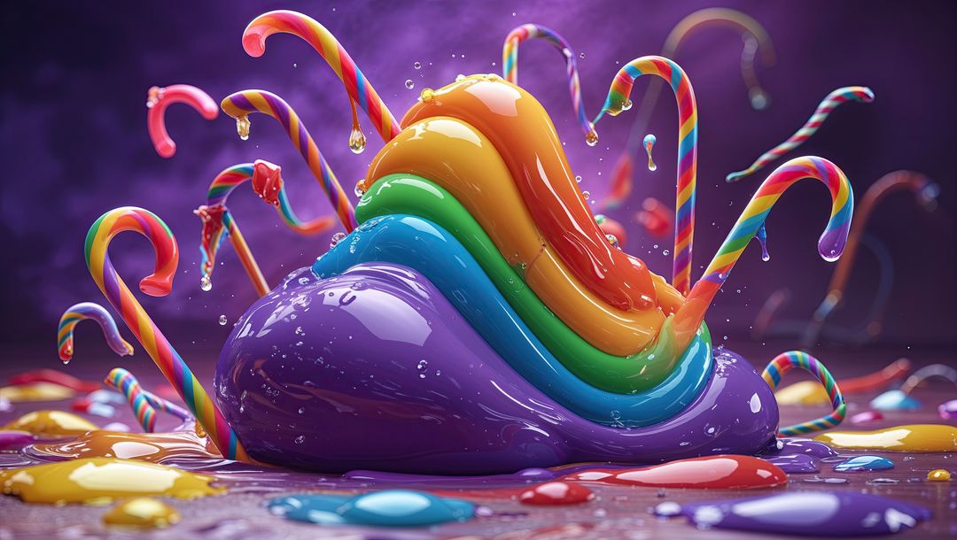 Colorful Rainbow Slime Splash with Candy Stripes in Studio