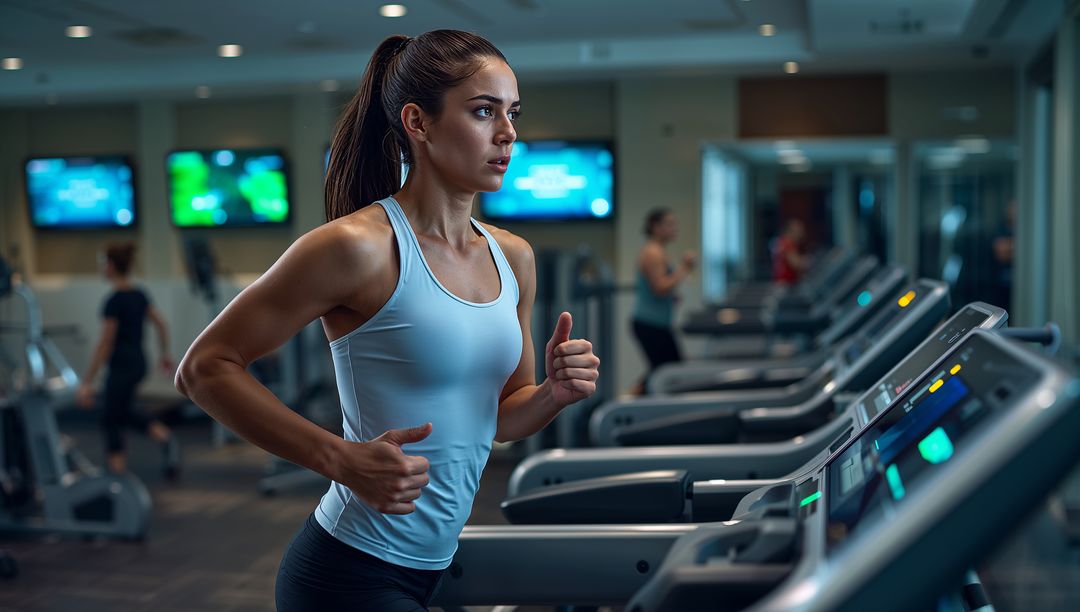 Focused Athlete Running on Treadmill at Modern Fitness Center