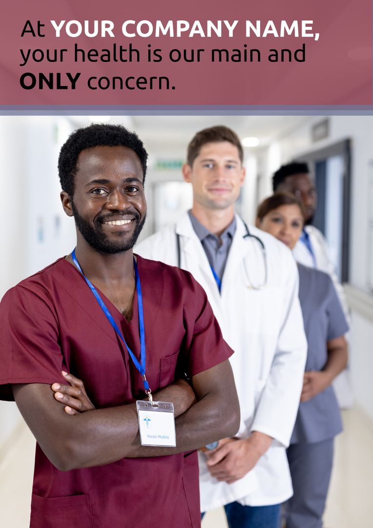 Diverse Medical Team Smiling Confidently in Hospital Hallway - Download Free Stock Templates Pikwizard.com