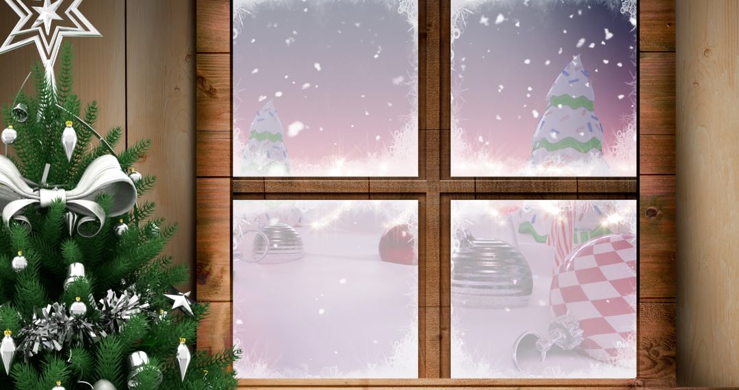 Rustic Christmas Window with Snow Falling on Festive Decorations - Free Images, Stock Photos and Pictures on Pikwizard.com