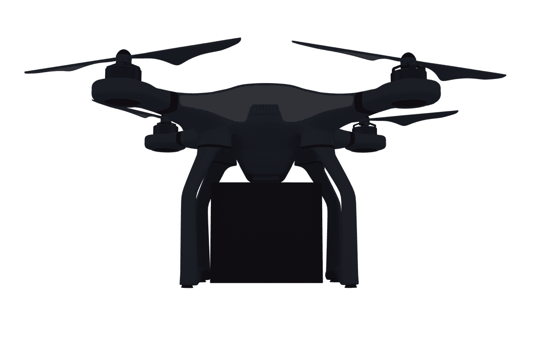 Transparent Quadrotor Drone Delivering Package Front View