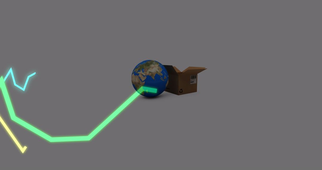 Global Shipping Concept with Globe, Cardboard Box, and Data Lines