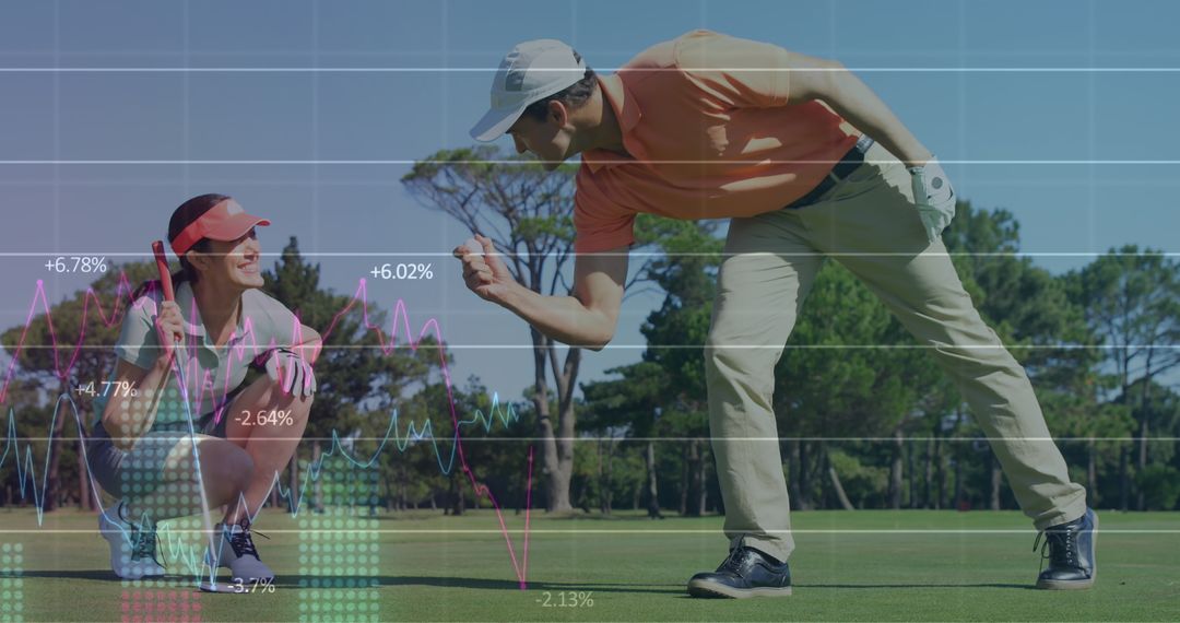 Golfers Analyzing Performance with Digital Data Overlay