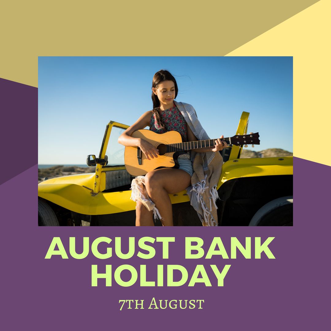 Woman Playing Guitar on Beach Next to Jeep for August Bank Holiday
