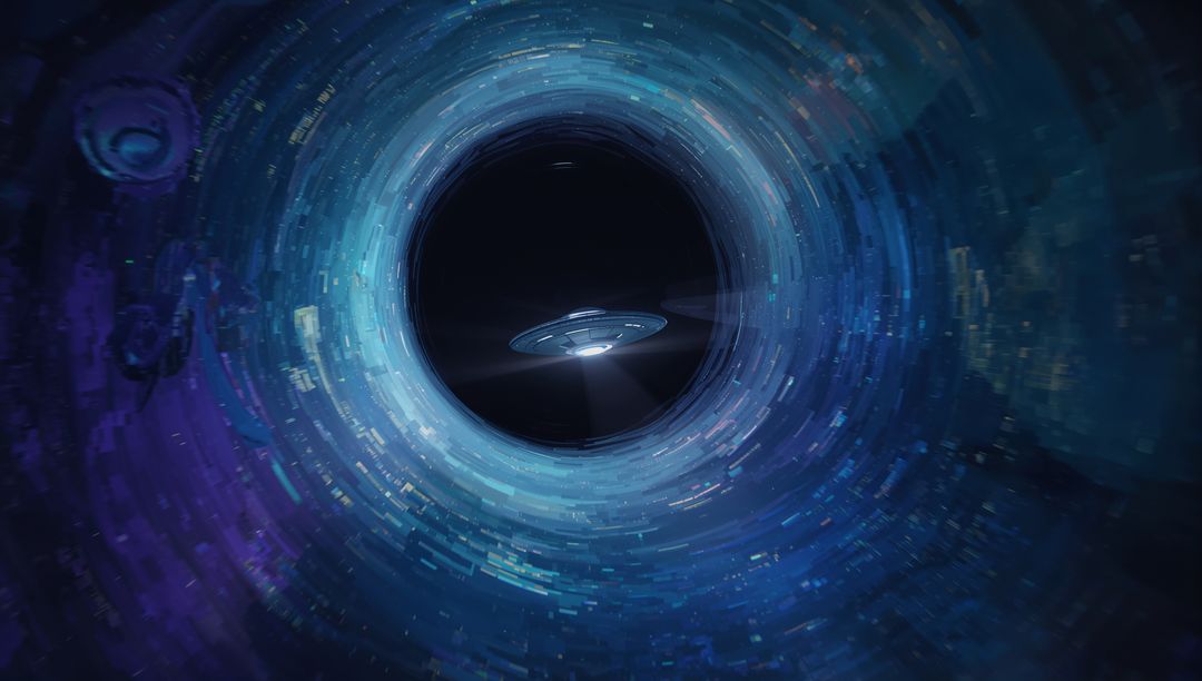 Futuristic Spacecraft Traversing Cosmic Wormhole Tunnel