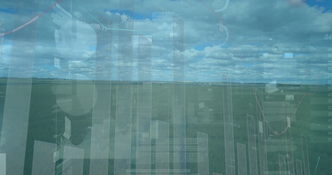 Futuristic Data Visualizations Overlaying Open Grassland