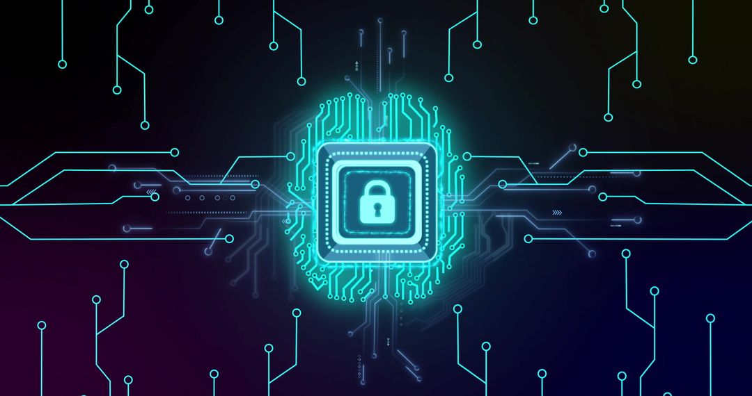 Futuristic Cybersecurity Concept with Glowing Microchip and Padlock