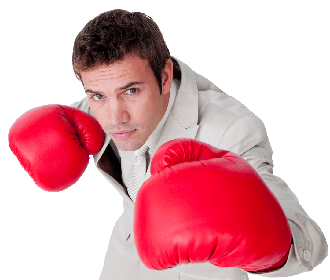 Transparent Businessman Leaning in Boxing Stance with Red Gloves