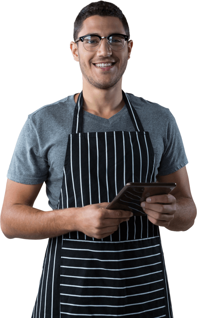 Smiling Male Waiter with Tablet Transparent Background