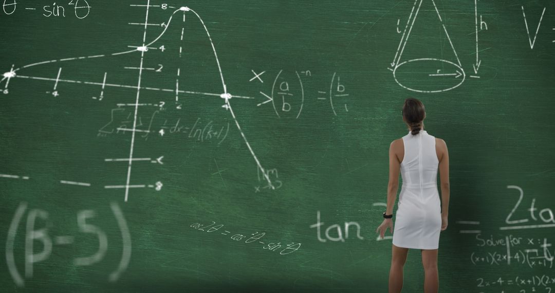 Woman Analyzing Complex Mathematical Formulae on Chalkboard