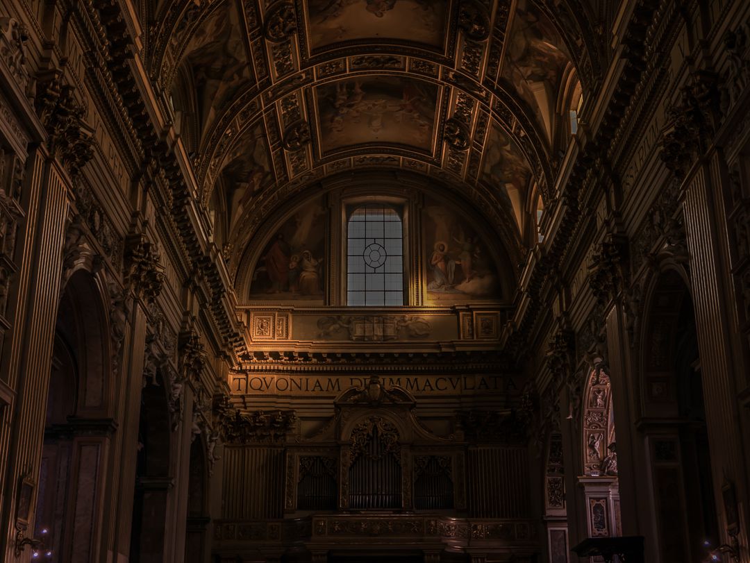 Dim Lit Historical Church Interior with Elaborate Ceilings - Free Images, Stock Photos and Pictures on Pikwizard.com