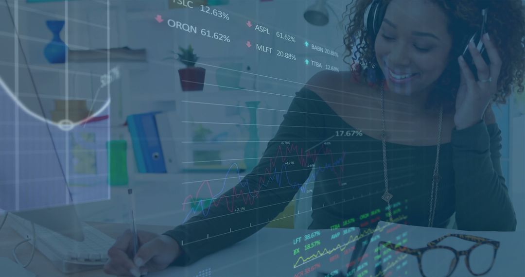 Woman Analyzing Financial Charts in Modern Home Workspace