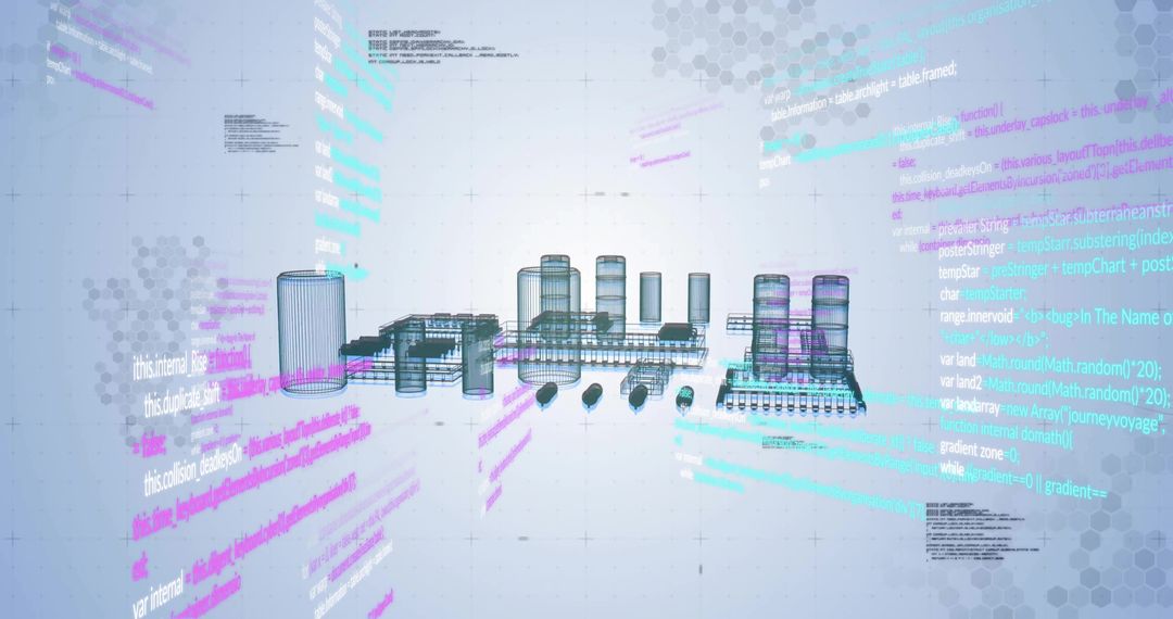 Floating 3D Wireframe Model with Digital Code Elements in Virtual Grid