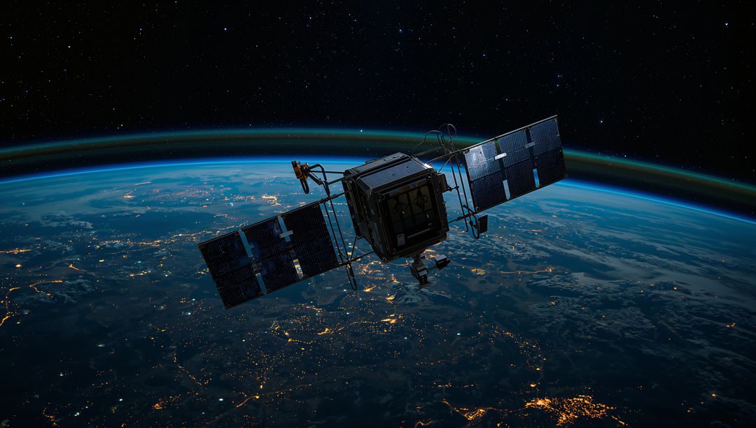 Orbiting CubeSat Above Earth Night Limb Showing Aurora Glow, Solar Panels and Night Lights