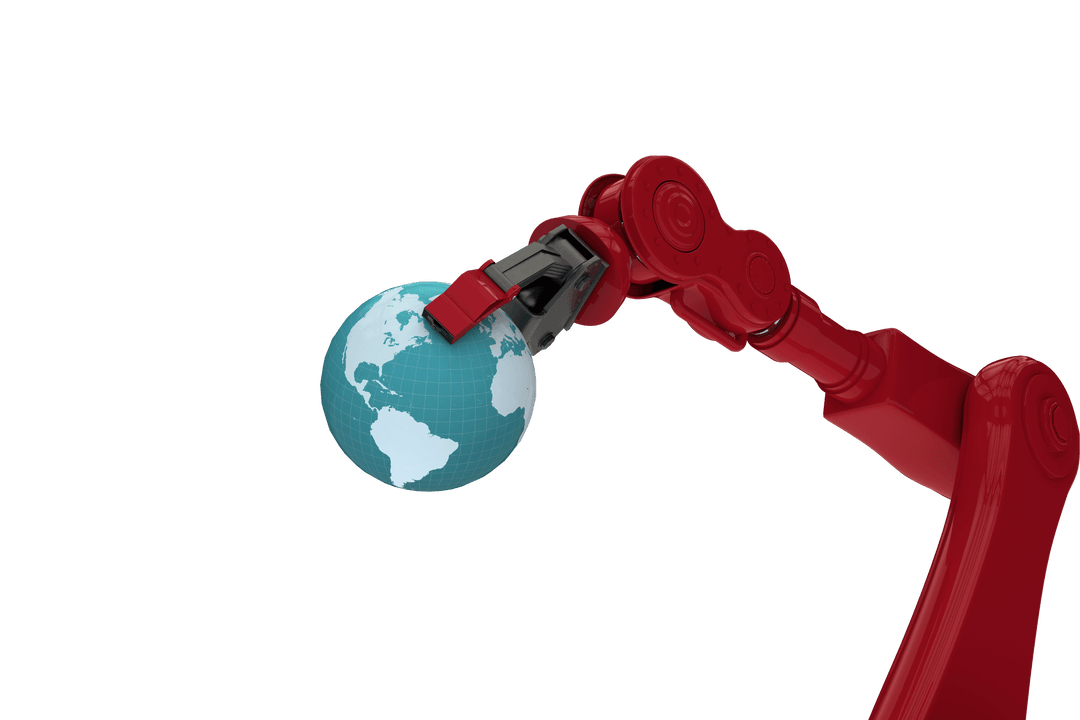 Red Robotic Hand Holding Transparent Digital Globe