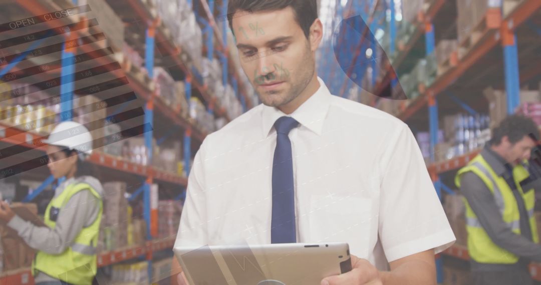 Warehouse Employees Using Technology for Inventory Management