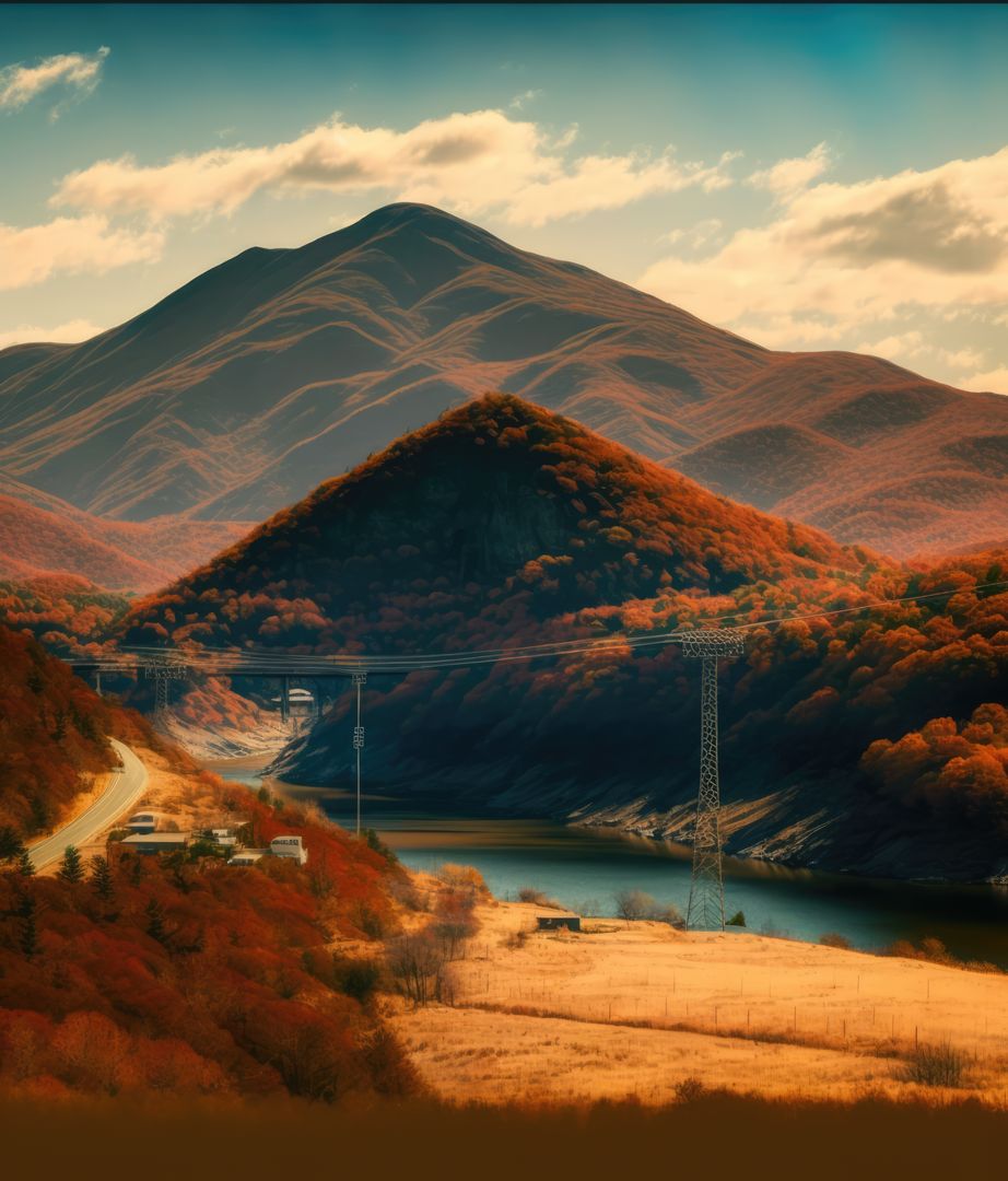 Landscape, clouds over hills and bridge, created using ai technology - Free Images, Stock Photos and Pictures on Pikwizard.com