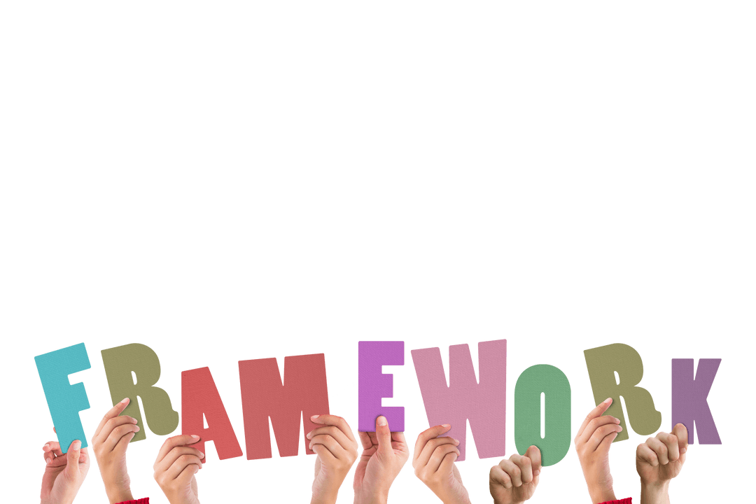 Transparent Letters Forming Word 'Framework' Held by Diverse Hands