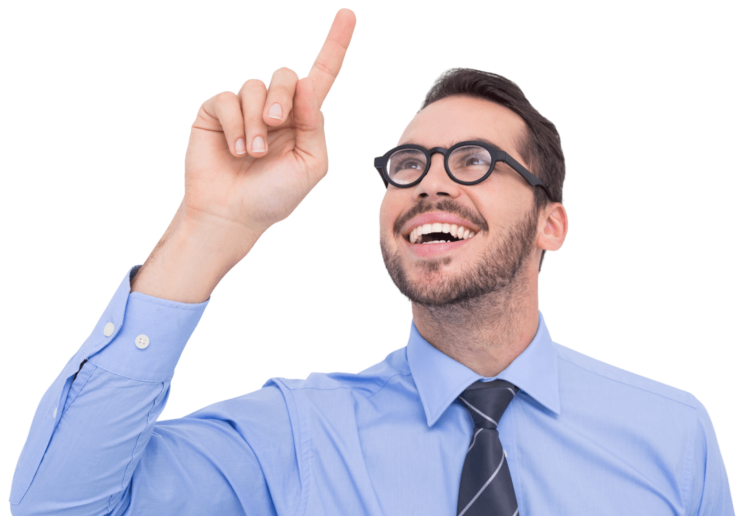 Ecstatic Businessman with Glasses Pointing Upward on Transparent Background