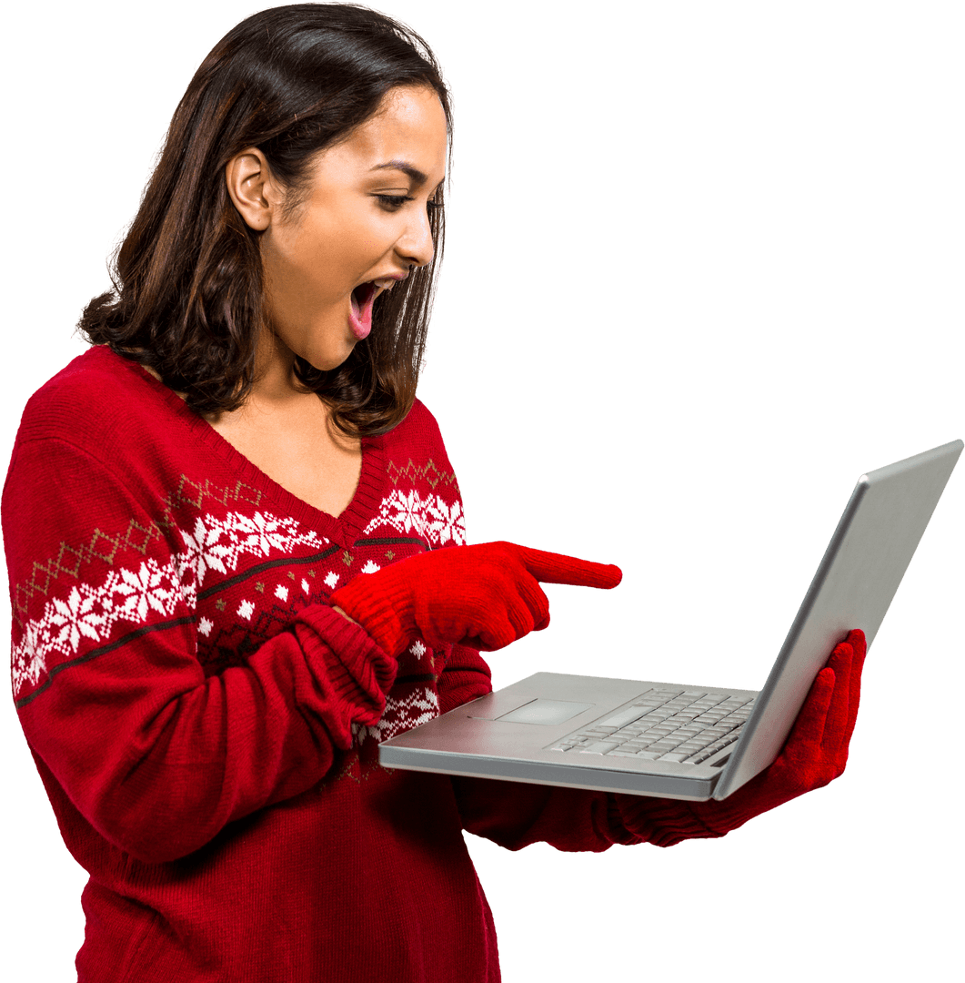 Festive Brunette Using Laptop in Red Sweater on Transparent Background