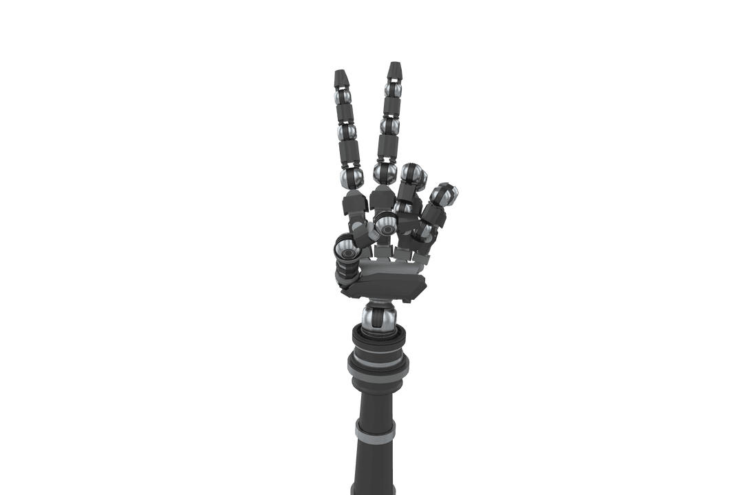 Transparent Robotic Hand Showing Victory Sign with Metallic Fingers