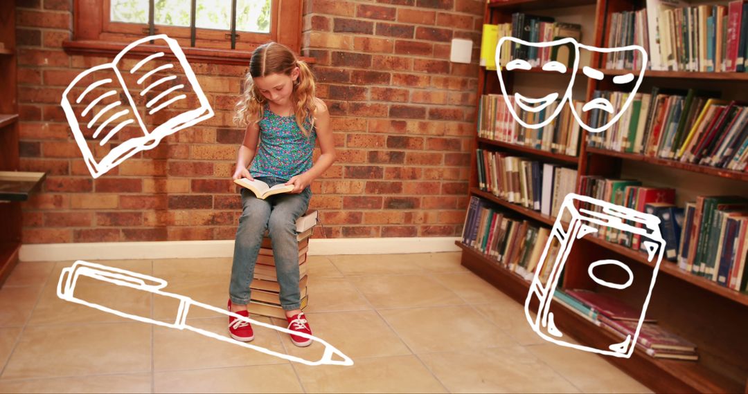 Young Girl Reading Book in Library Surrounded by Doodles - Free Images, Stock Photos and Pictures on Pikwizard.com