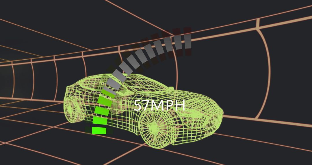 Futuristic Neon Green Wireframe Car Speeding Through Tunnel