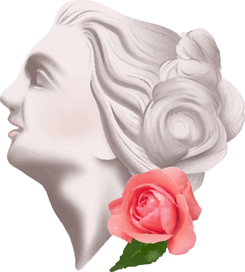 Elegant Marble Bust with Pink Rose on Transparent Background