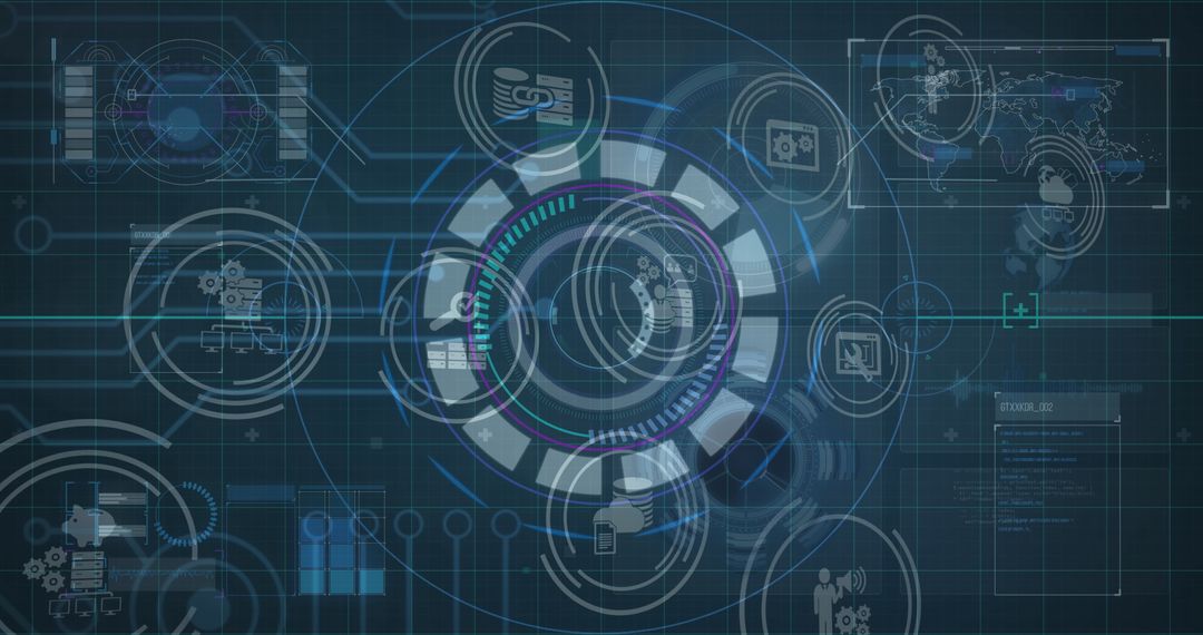 Futuristic Digital Interface with Data Analytics and Global Networking