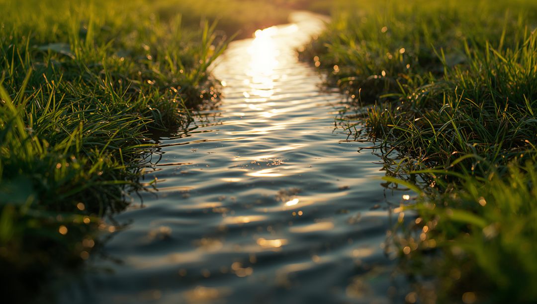 Flowing Water in Grassy Field Reflecting Golden Sunlight
