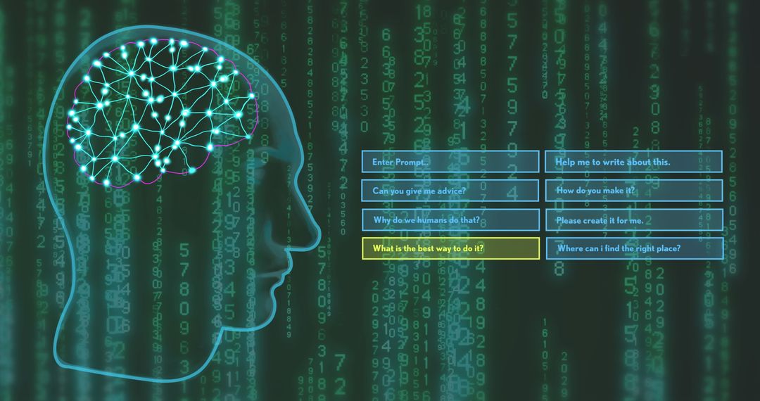 Human Brain AI Interface with Digital Data Stream Visualization