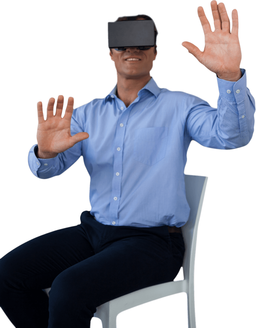Transparent Businessman Experiencing VR Technology on a Chair