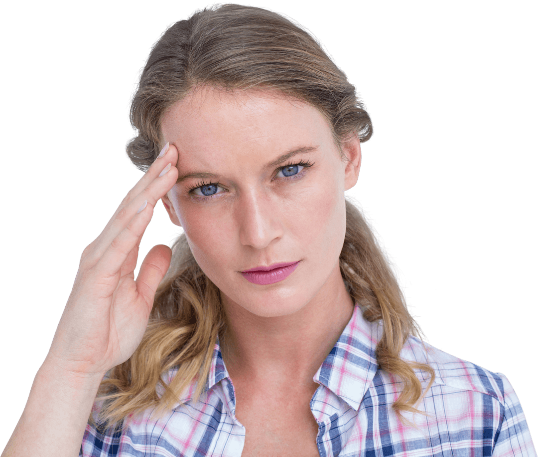Focused Caucasian Woman Touching Head on Transparent Background
