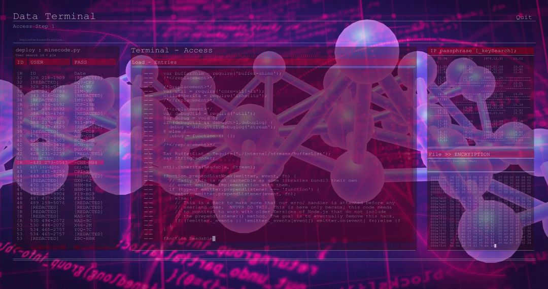 Neon cyber molecular network visualization with pulsing 3D nodes and terminal overlay