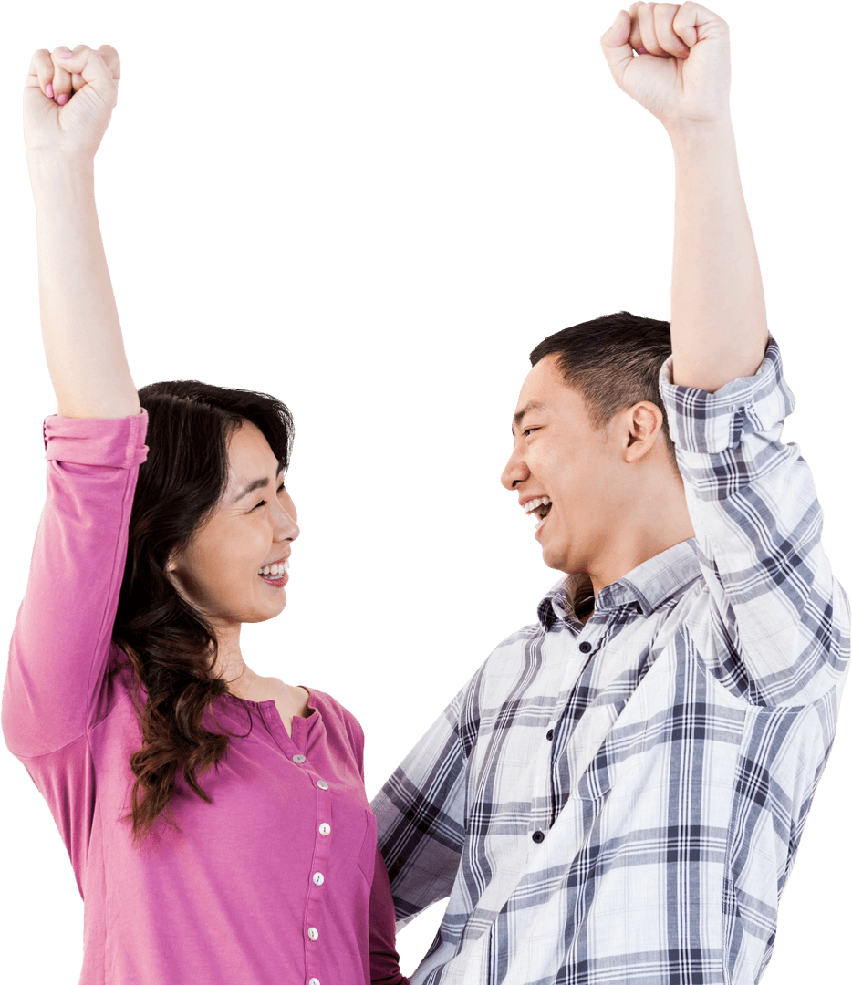 Cheerful Asian Couple Celebrating in Joyful Transparent Encounter