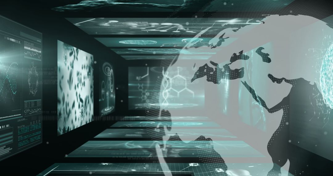 Holographic Globe in Tech Corridor with Data Panels Se