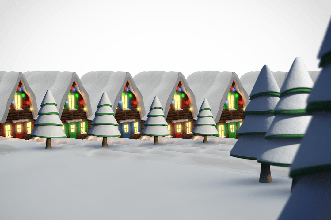 Winter Scene with Christmas Cottages and Snowy Trees in Transparent PNG Illustration