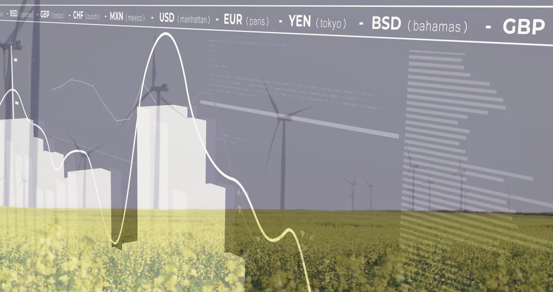 Wind Farm with Financial Graph and Currency Symbols Overlay