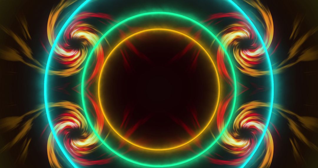 Vibrant Neon Circles and Fiery Spiral Abstract Art