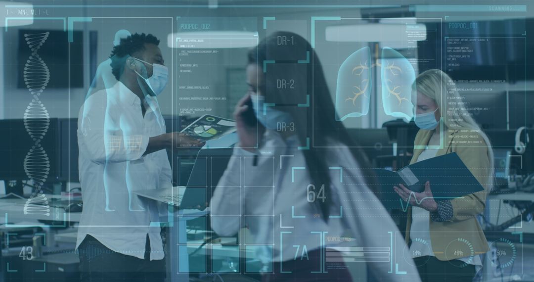 Team Collaborating with Digital Technology Interface and Safety Masks