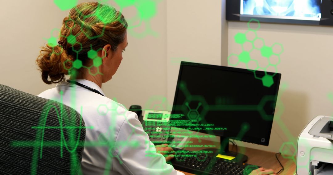 Female Doctor Analyzing Data with Advanced Medical Graphics