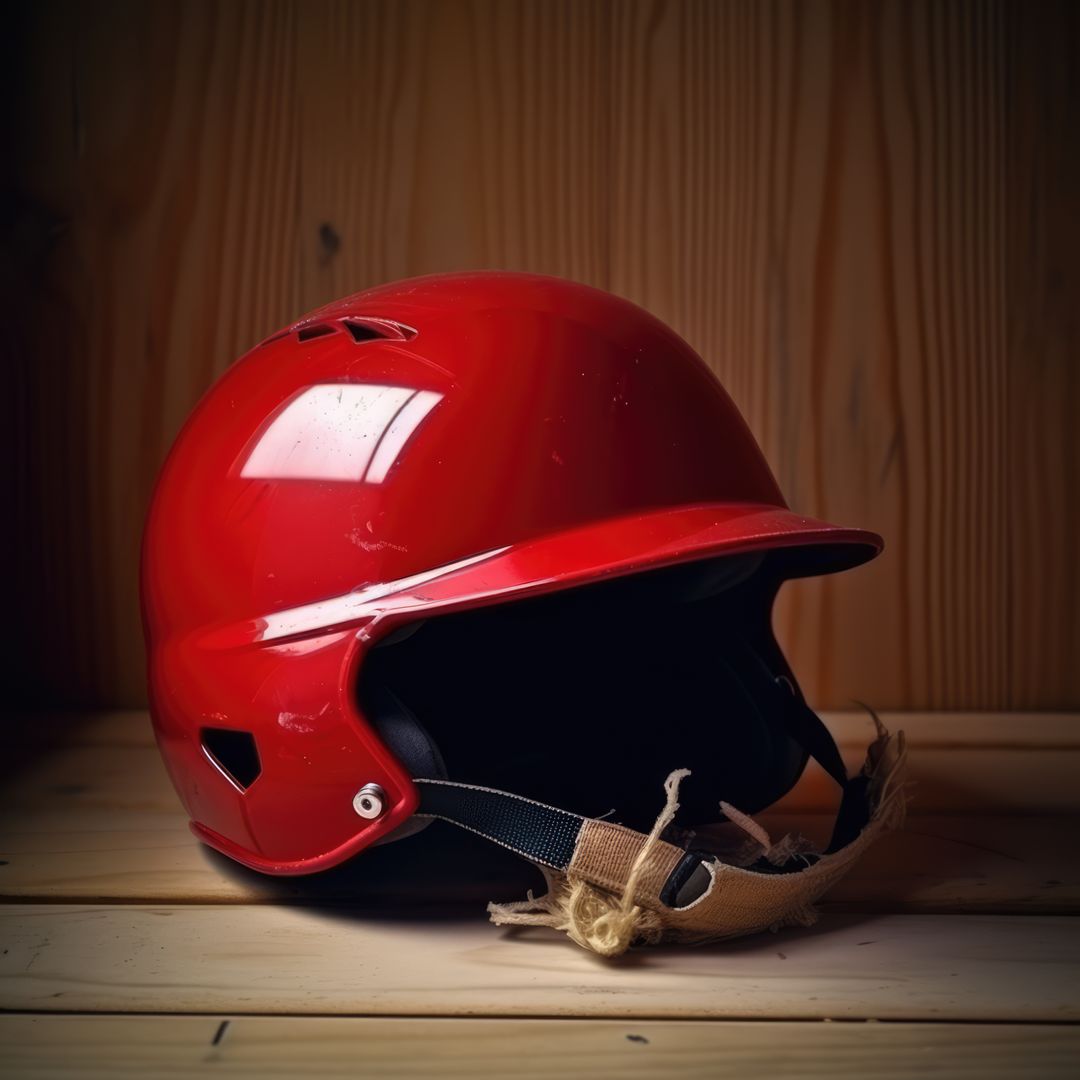 Glossy Red Baseball Helmet on Wooden Table - Free Images, Stock Photos and Pictures on Pikwizard.com