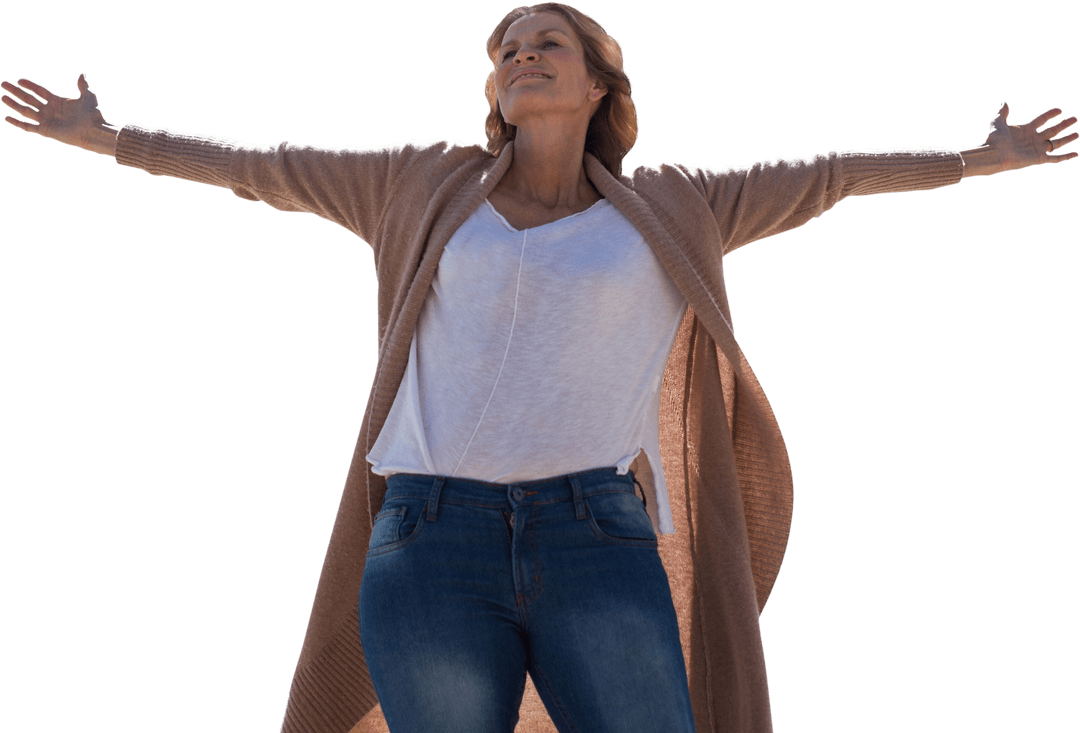 Woman Raising Arms with Empowering Expression on Transparent Background